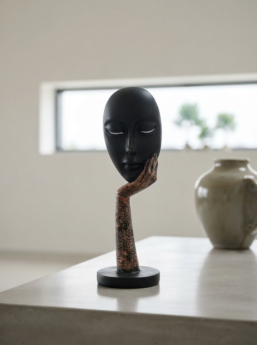 Resting Face Statue on Hand 13” | Black Modern Mask Decor