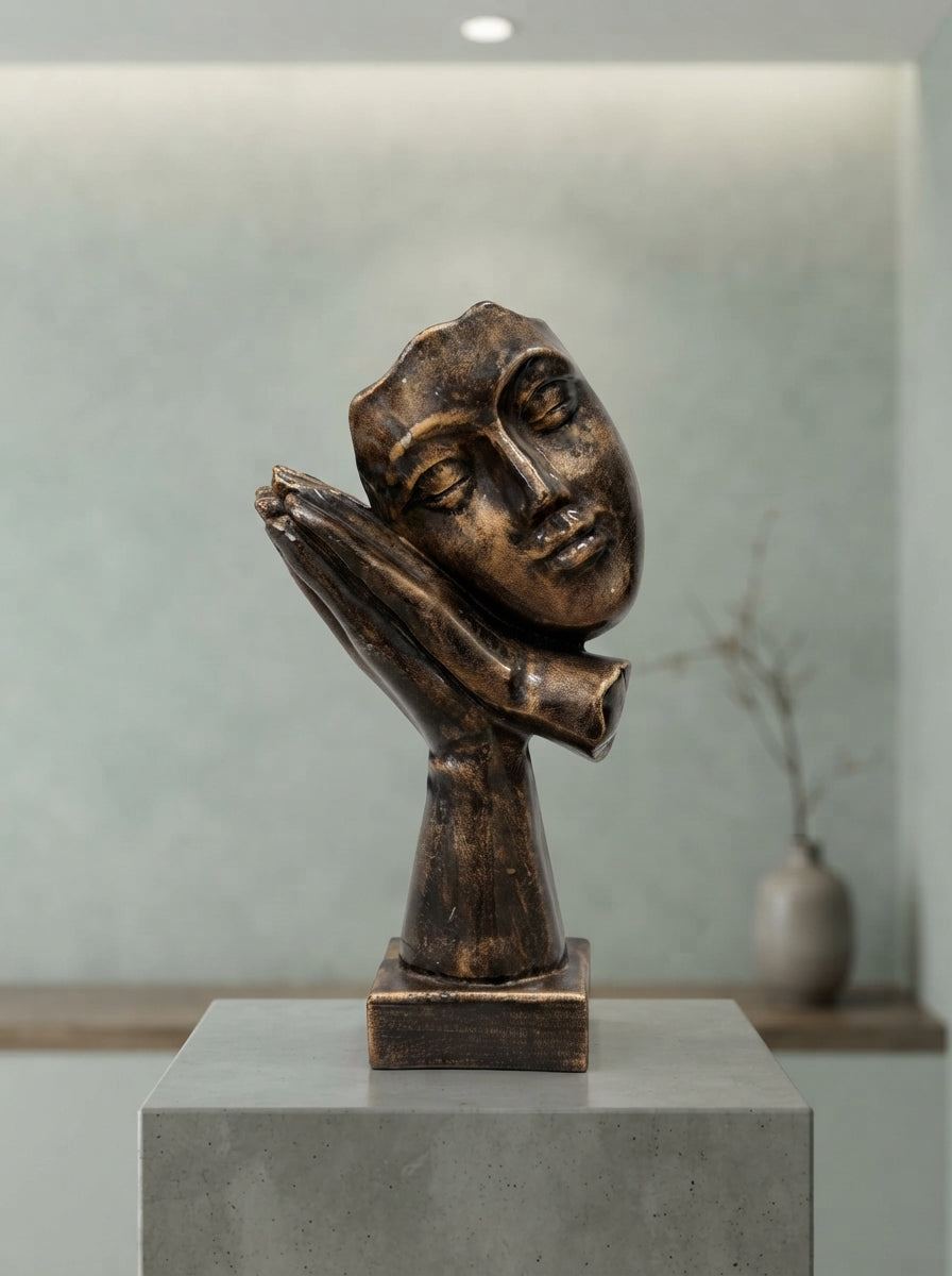 Sleeping Face Statue on Hands | Bronze Modern Mask Decor
