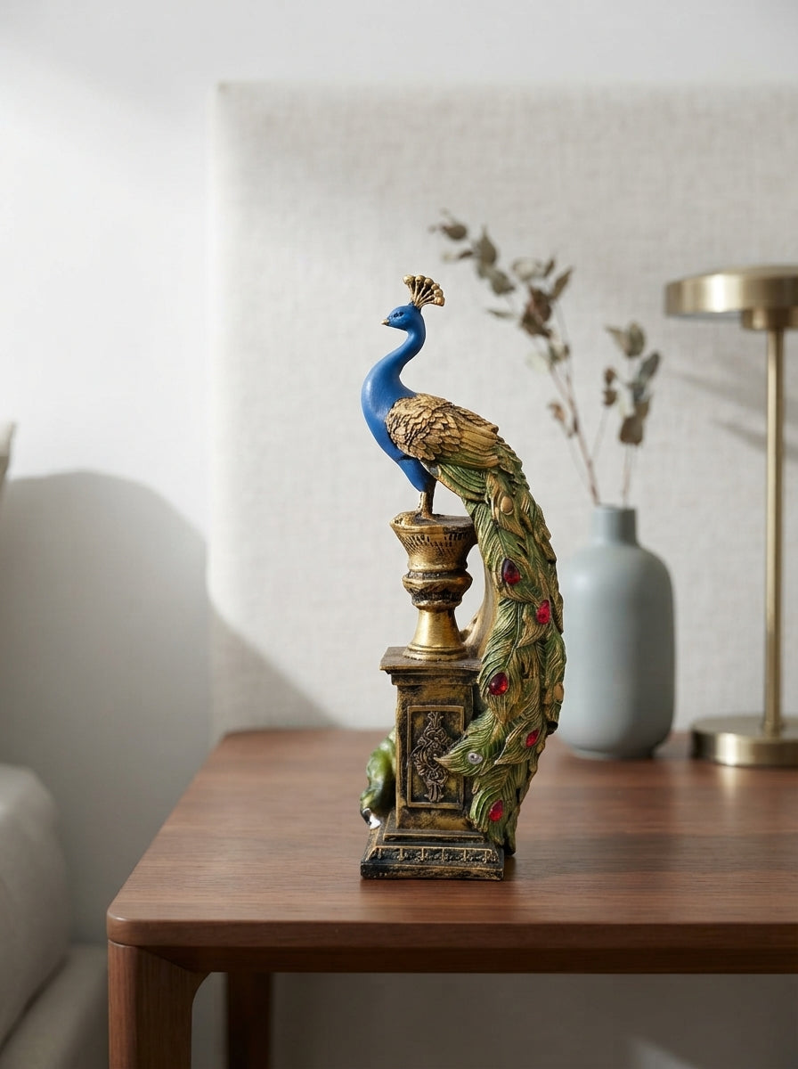 Peacock on Pillar Statue | Blue Gold Bejeweled Figurine