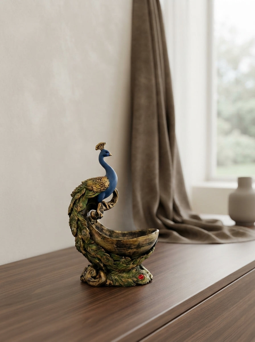 Peacock Trinket Bowl Statue | Blue Gold Decorative Dish