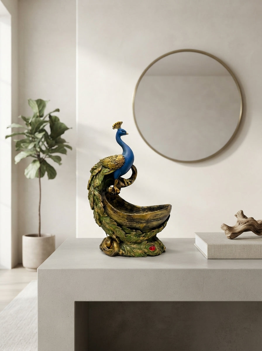 Peacock Trinket Bowl Statue | Blue Gold Decorative Dish