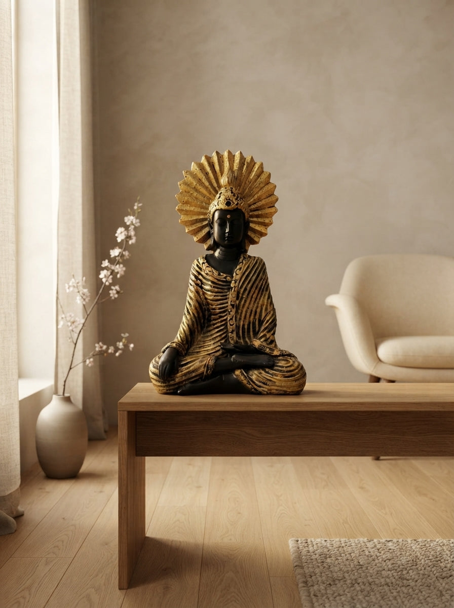 Meditating Buddha Statue Sunburst Halo | Black Gold Decor