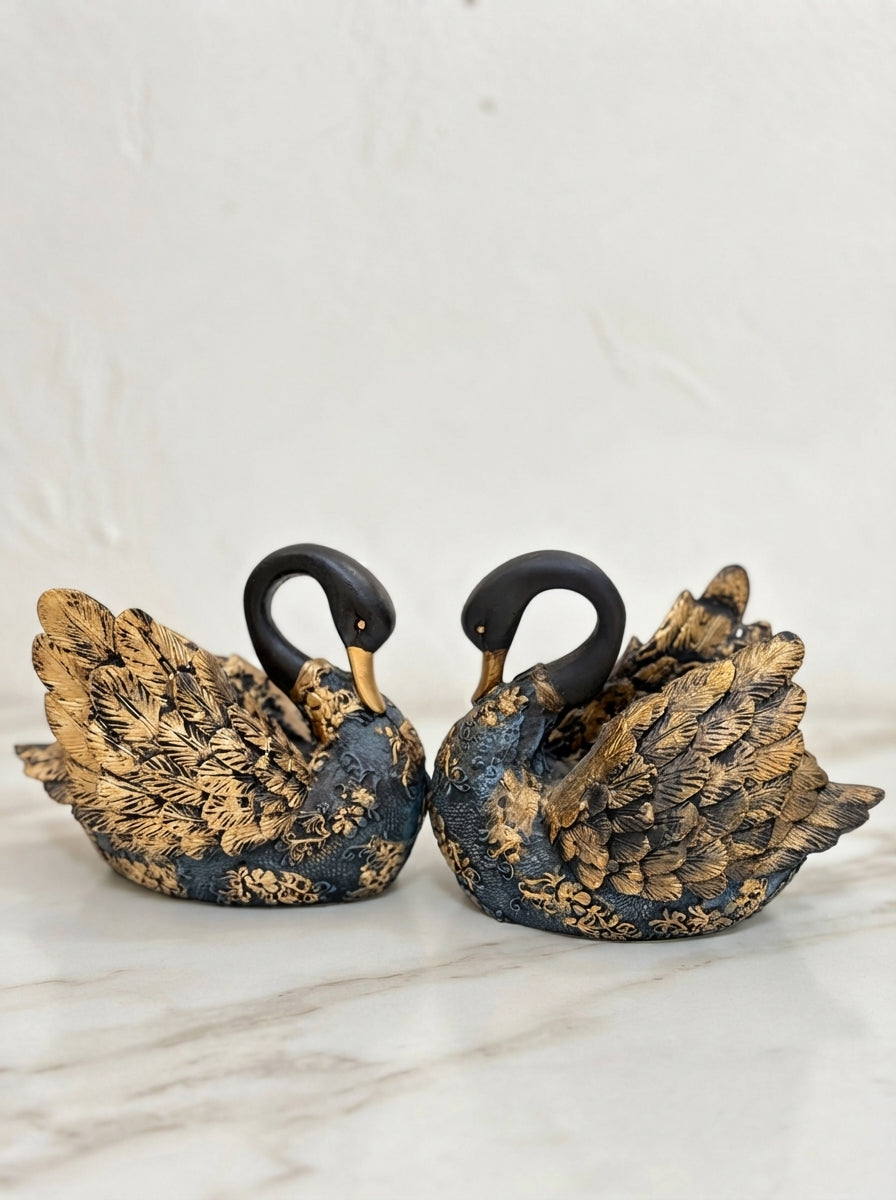 Black Gold Swan Statue Set of 2 | Ornate Damask Figurine