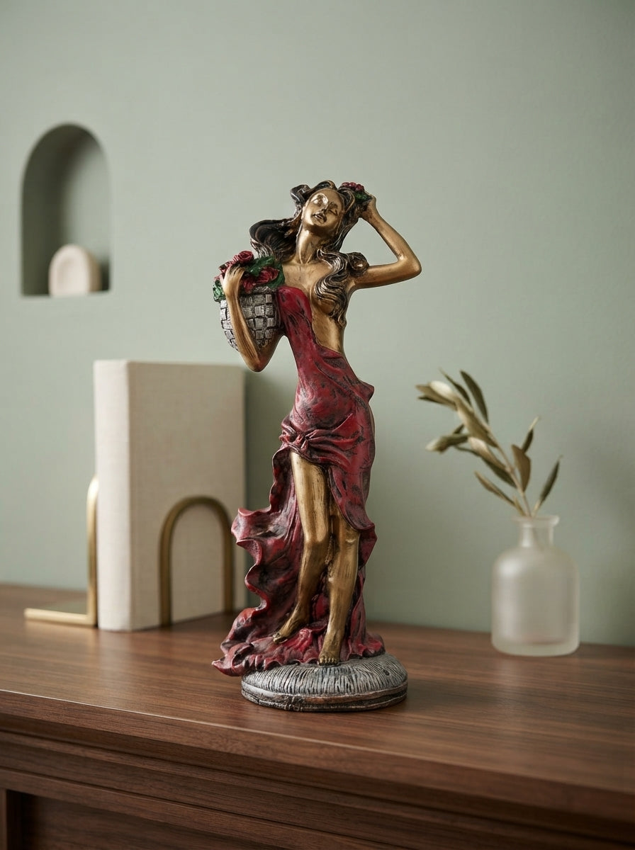Flower Maiden Statue with Rose Basket | Bronze Art Nouveau