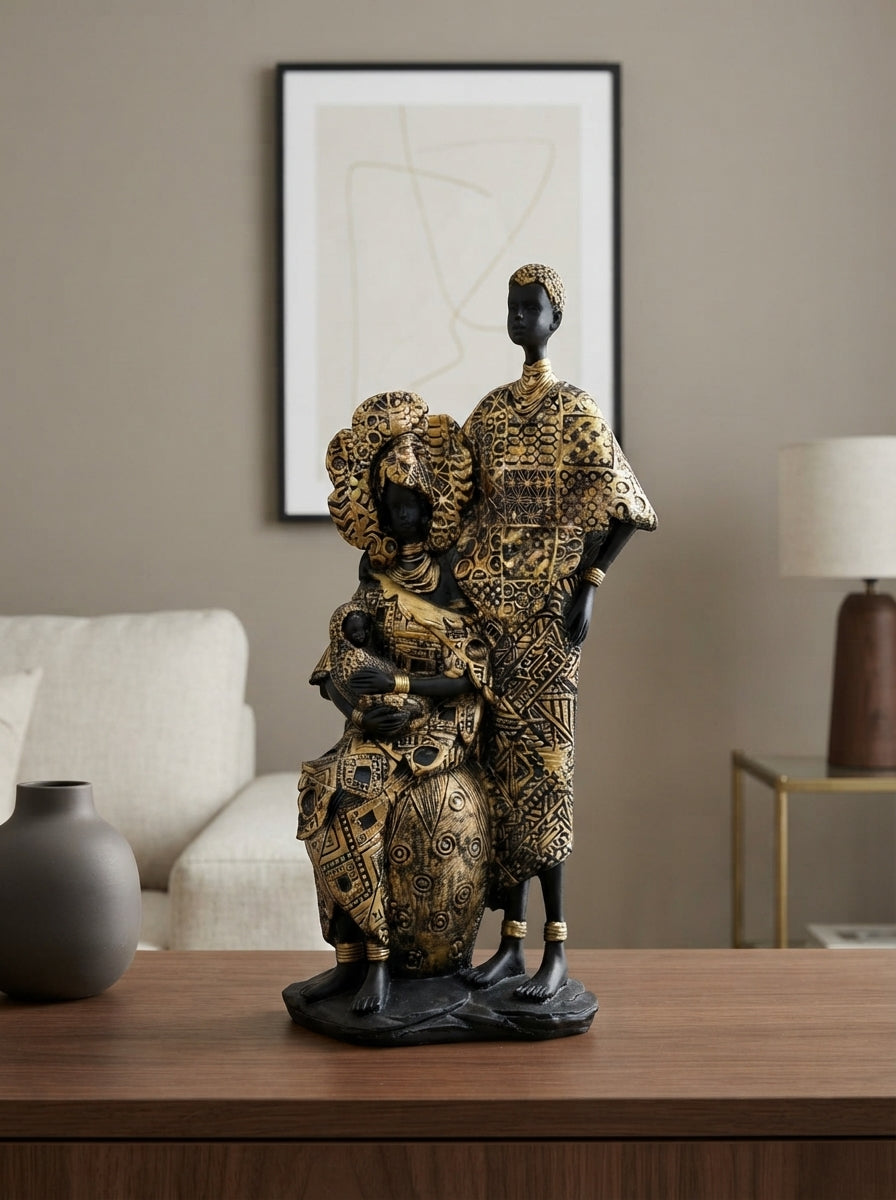 African Couple Statue | Black Gold Tribal Figurine Decor