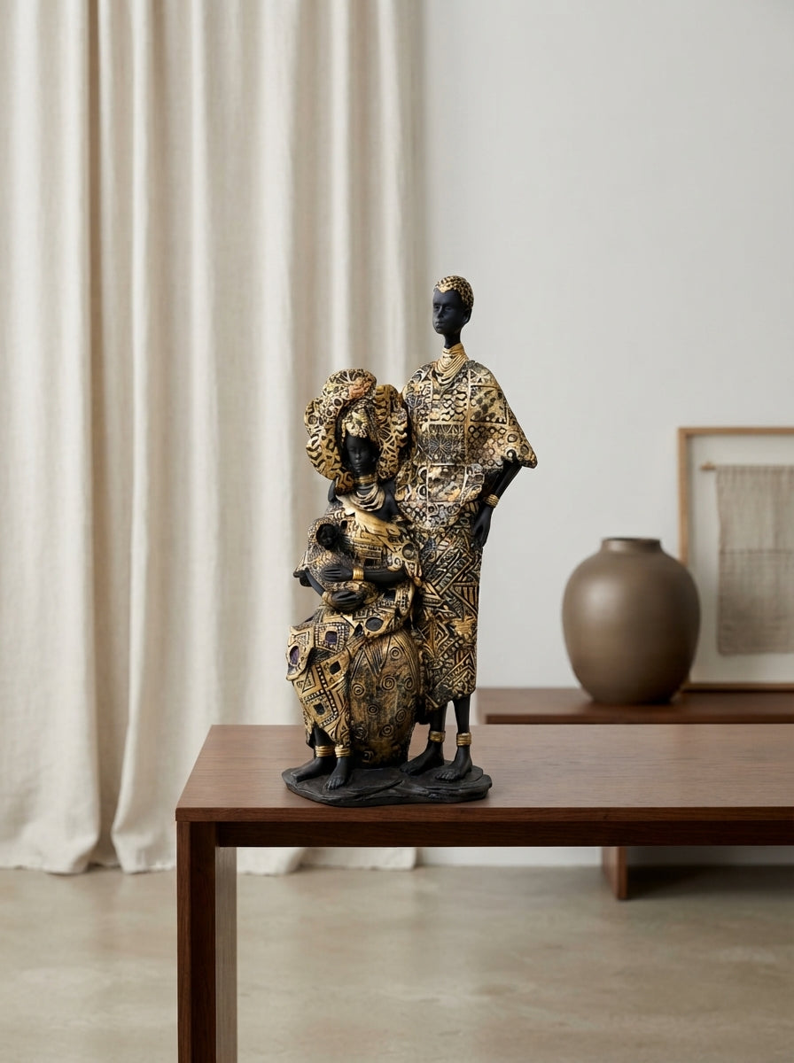 African Couple Statue | Black Gold Tribal Figurine Decor