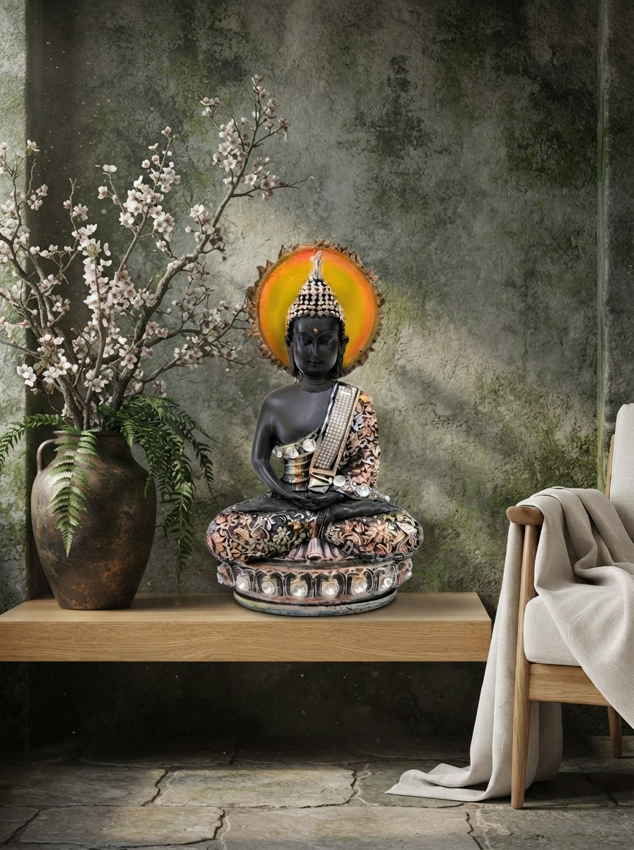 Buddha Statue Amber Halo | Black Silver Crystal Decor