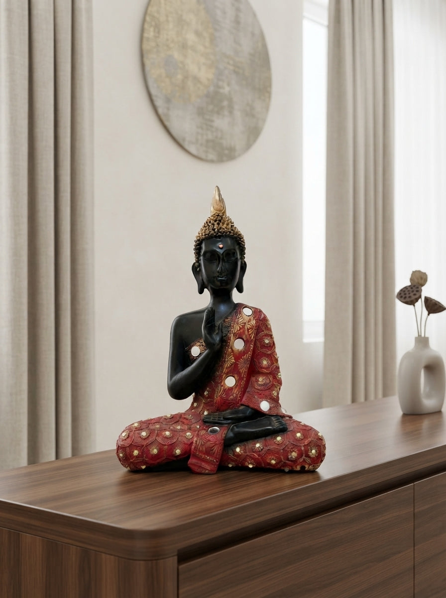 Thai Buddha Statue Red Robe | Black Gold Mirror Accent Decor