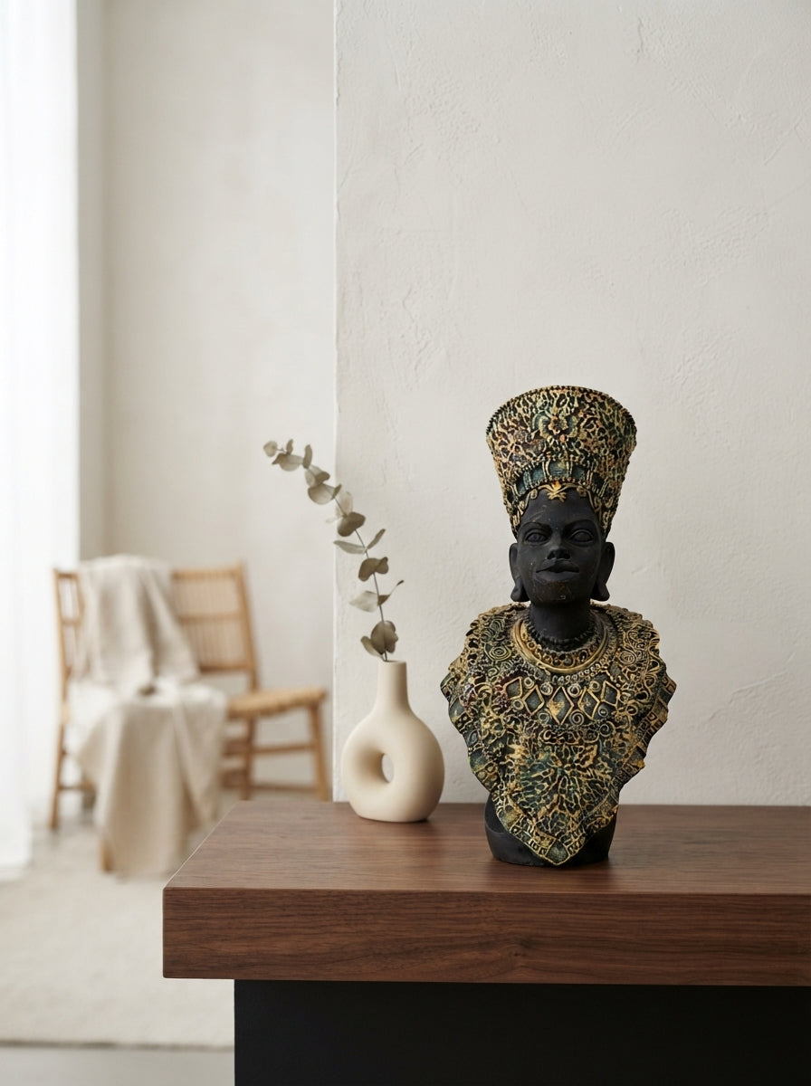 African Queen Bust Statue | Black Gold Tall Crown Figurine
