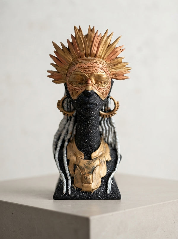 Tribal Warrior Mask Statue 10" | Gold Copper Feather Headdress