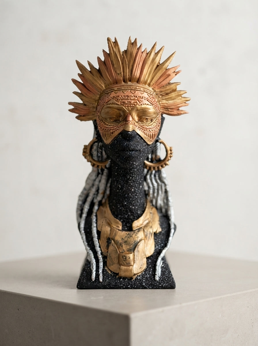 Tribal Warrior Mask Statue | Gold Copper Feather Headdress