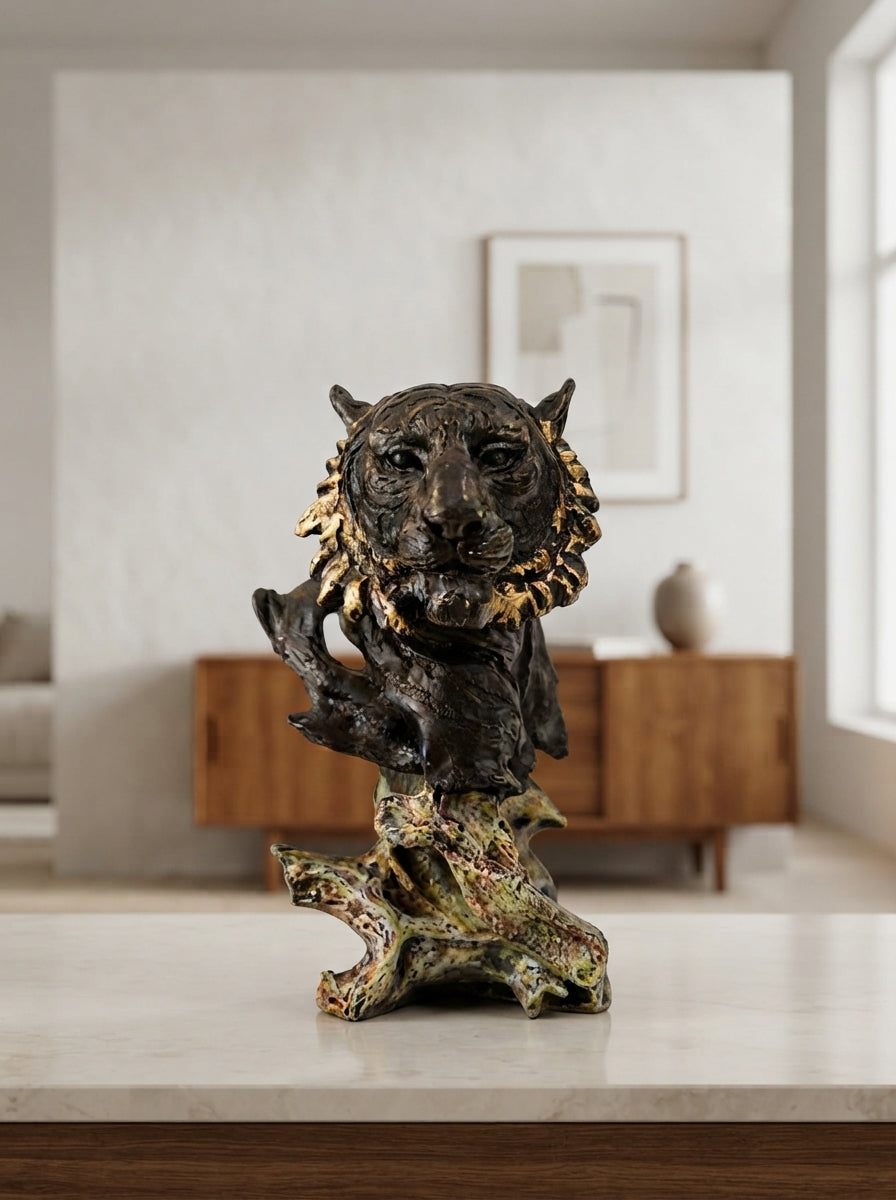 Tiger Head Bust Statue | Black Gold Wildlife Sculpture