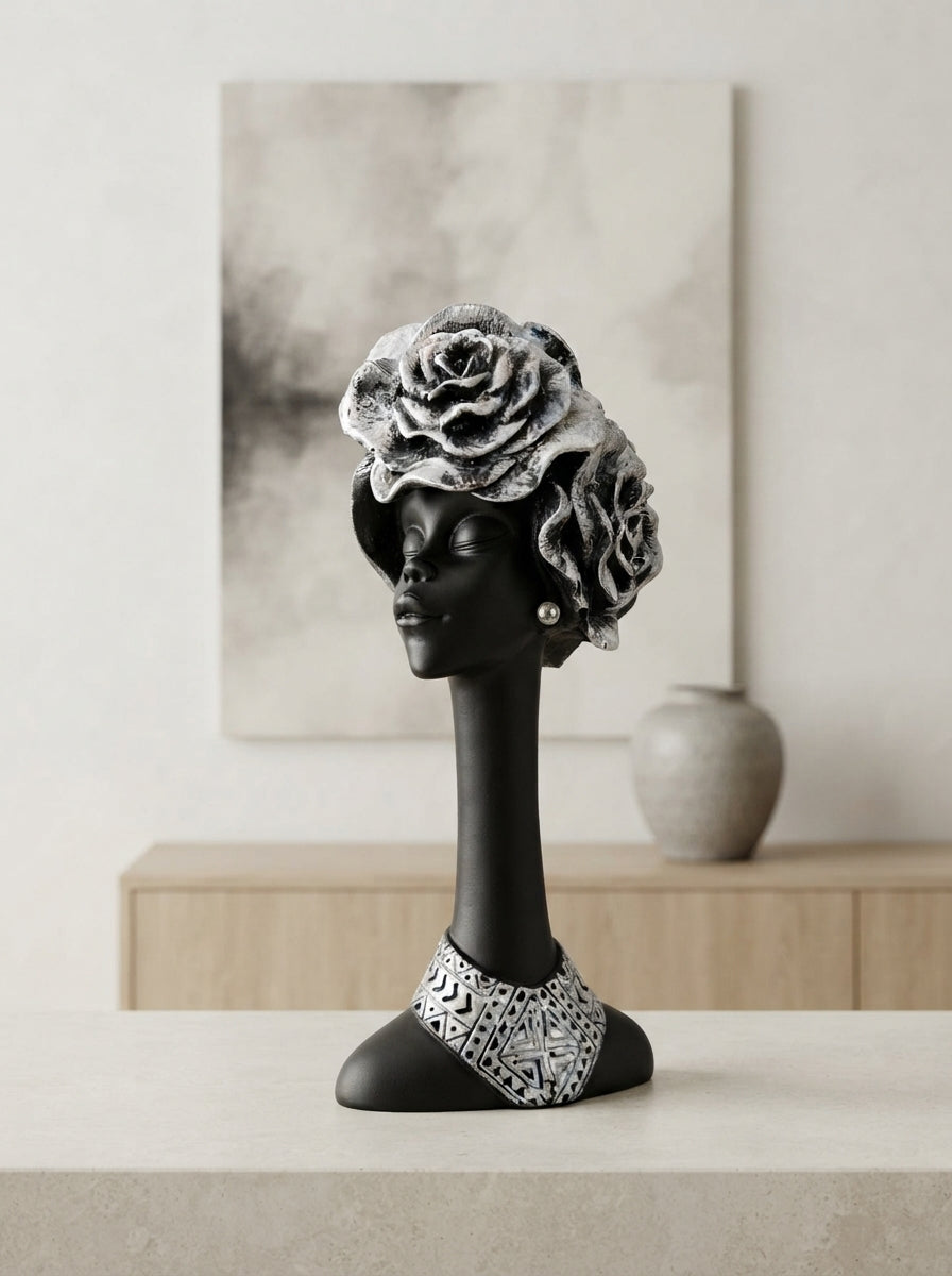 African Woman Bust Statue | Black Silver Rose Headdress