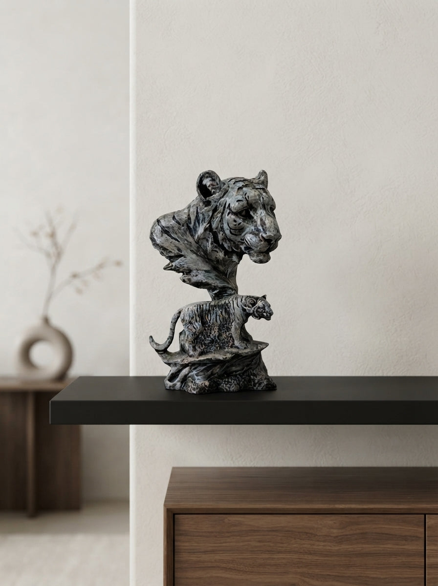 Tiger Spirit Statue | Silver Black Dual Tiger Sculpture