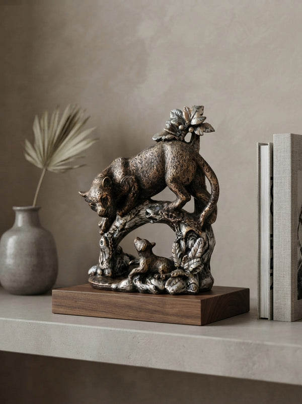 Bronze Silver and Black Leopard on Tree Statue 13"x9"x6" | Wildlife Decor Sculpture