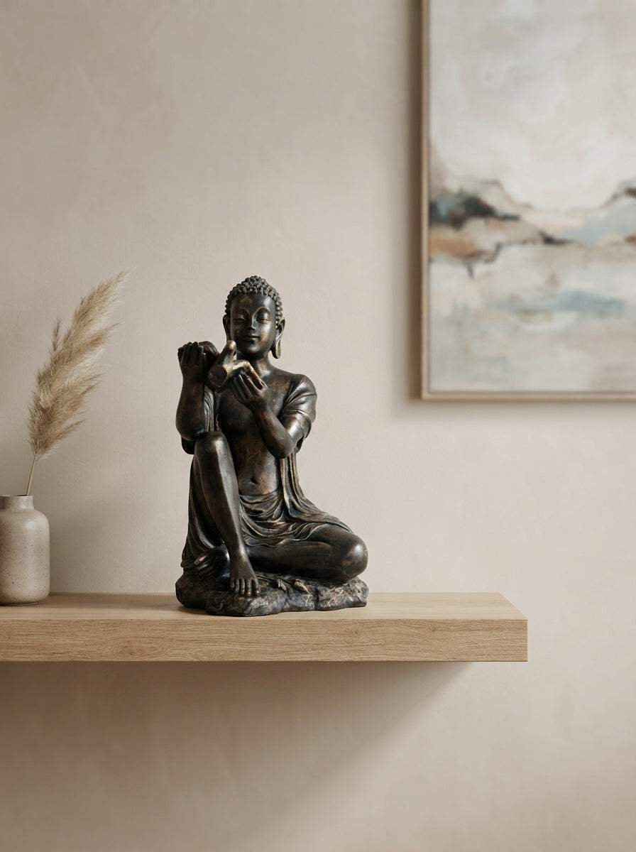 Copper, Black Gold Seated Figure with Bird Statue | Zen Decor Sculpture