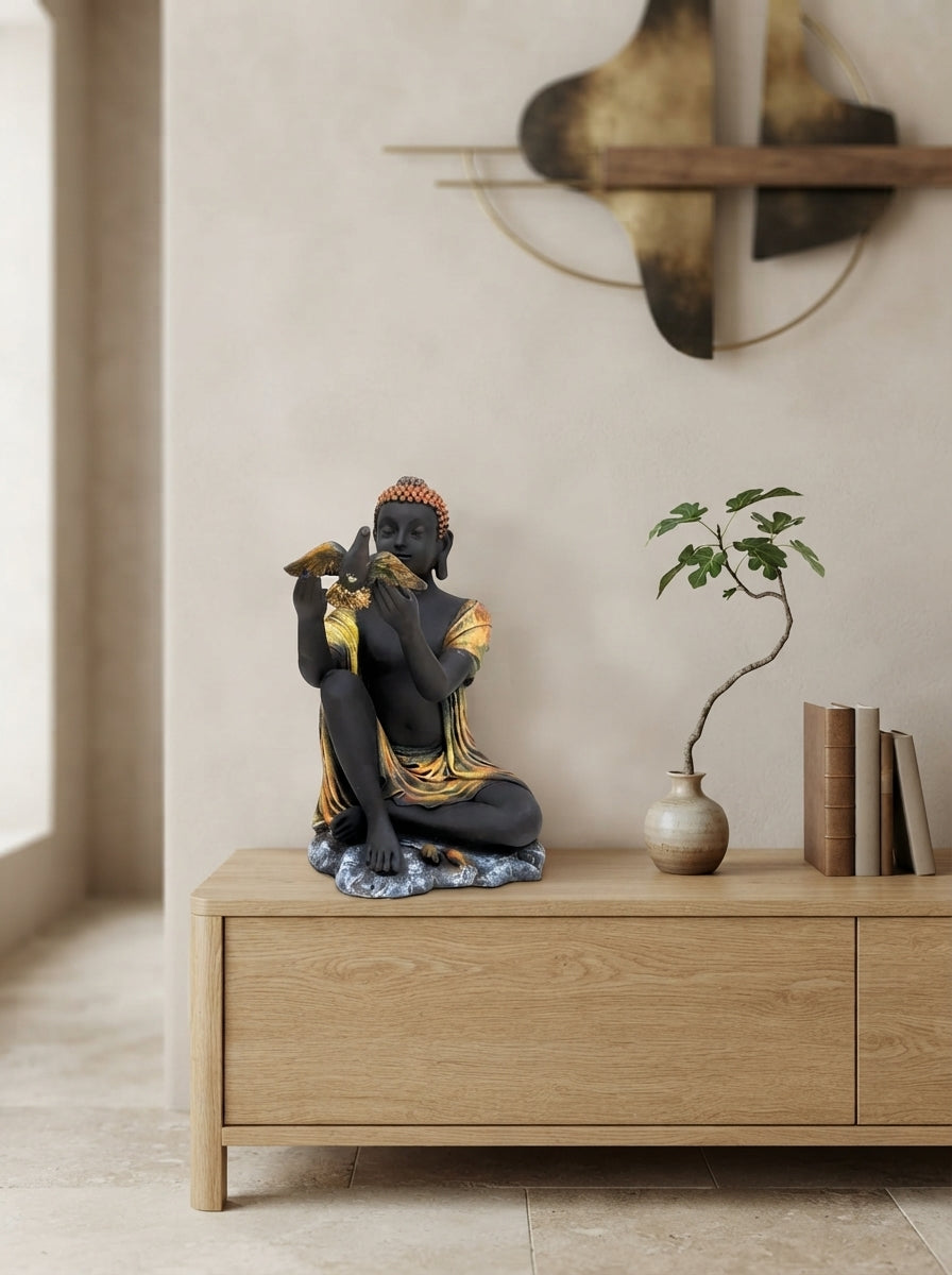 Copper, Black Gold Seated Figure with Bird Statue | Zen Decor Sculpture