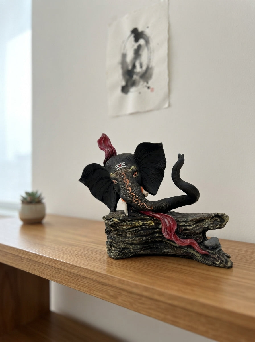 Hand-Painted Elephant Head Log Statue | Wildlife Decor