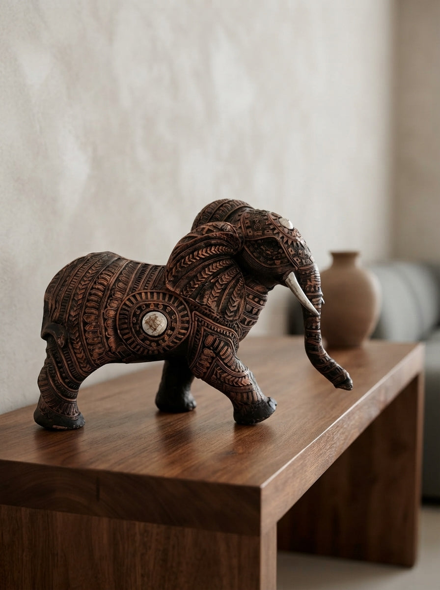 Engraved Copper Elephant Statue 11"x9"x6" | Tribal Decor
