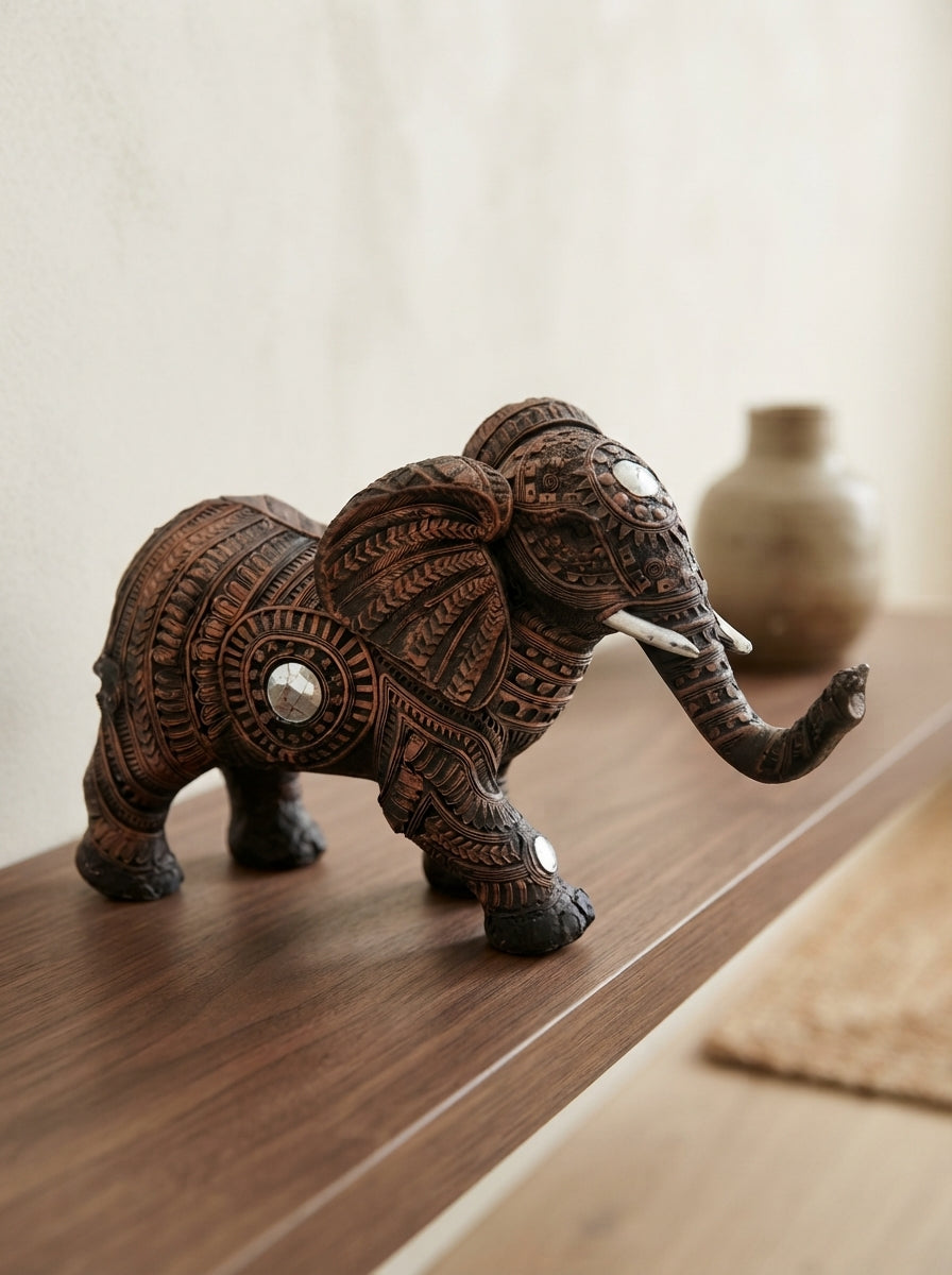 Engraved Copper Elephant Statue 13"x9"x6" | Tribal Decor
