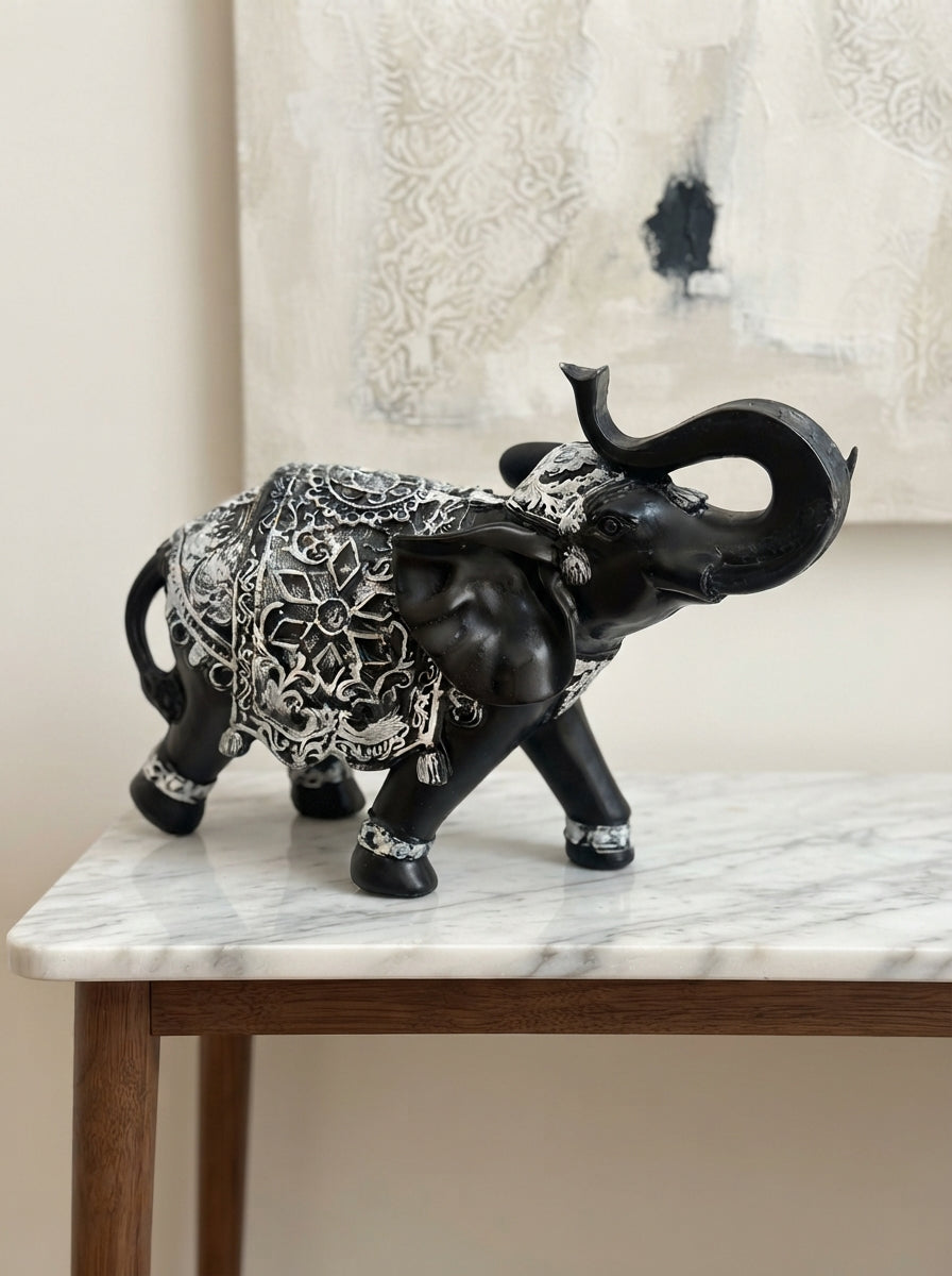 Black White Mandala Elephant Statue 11"x10"x5" | Lucky Decor