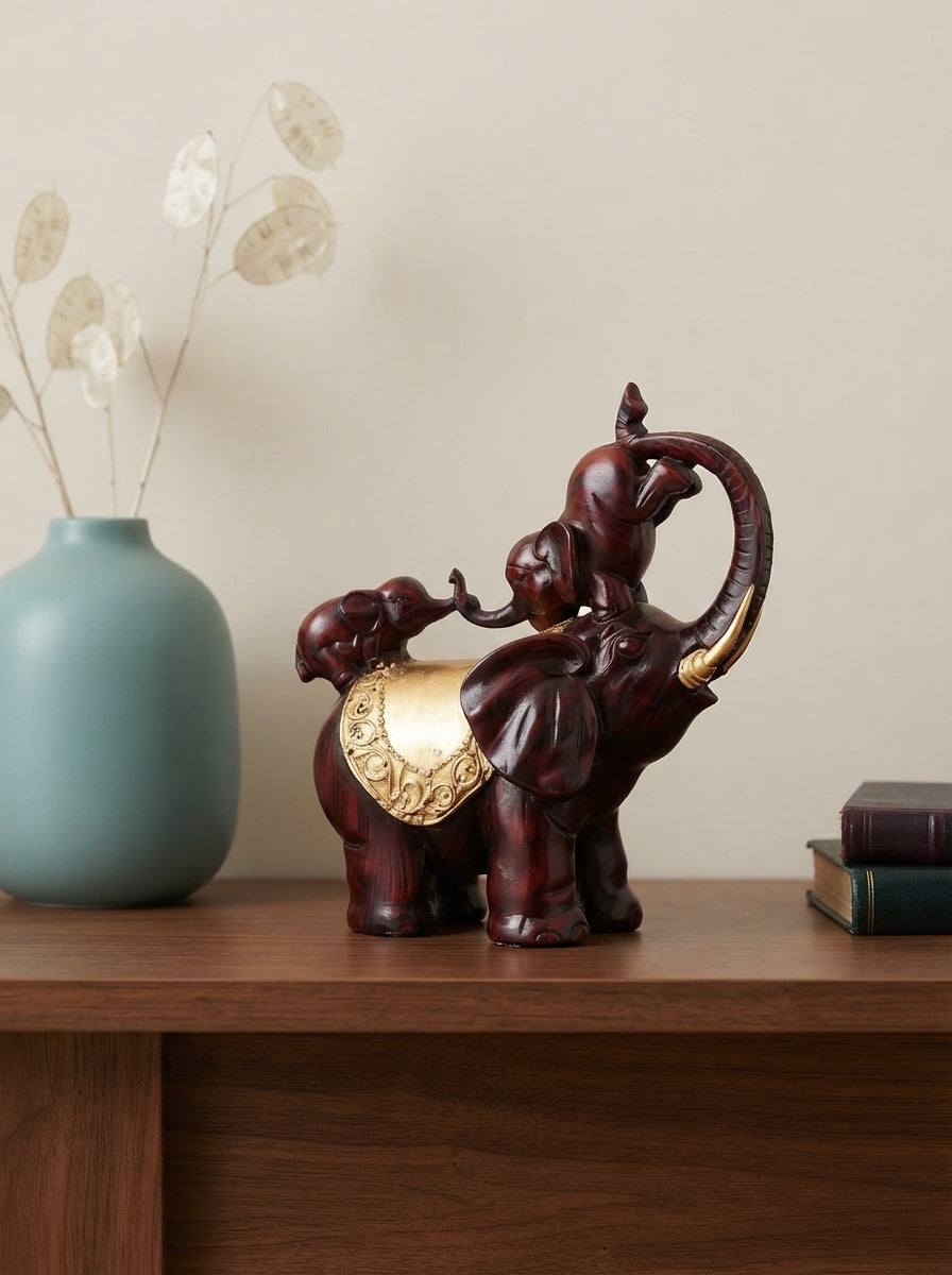 Mahogany Gold Mother Baby Elephant Statue 12"x12"x6" | Decor