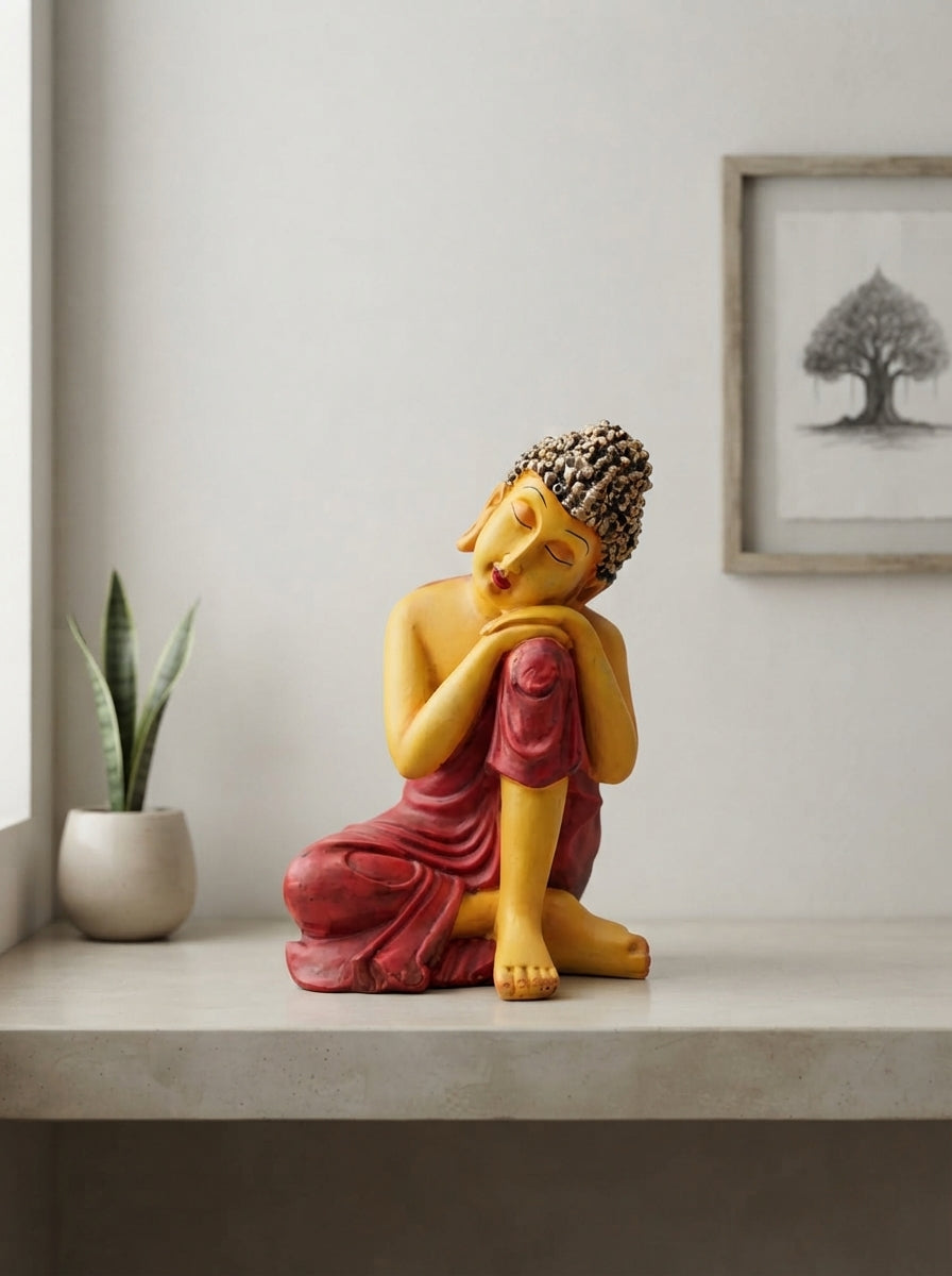 Mustard Maroon Resting Buddha Statue | Zen Decor