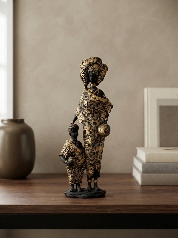 Black Gold African Mother Child Statue | Decor