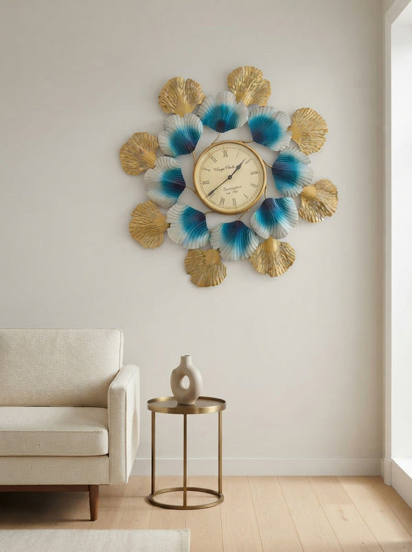 Decorative Wall Clock | Blue Gold Flower Petal Metal Clock