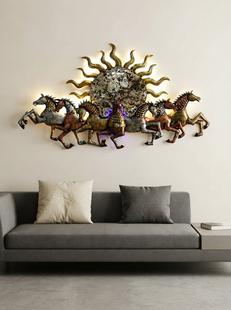 7 Horses Metal Wall Art with LED | Sun Backlit Decor