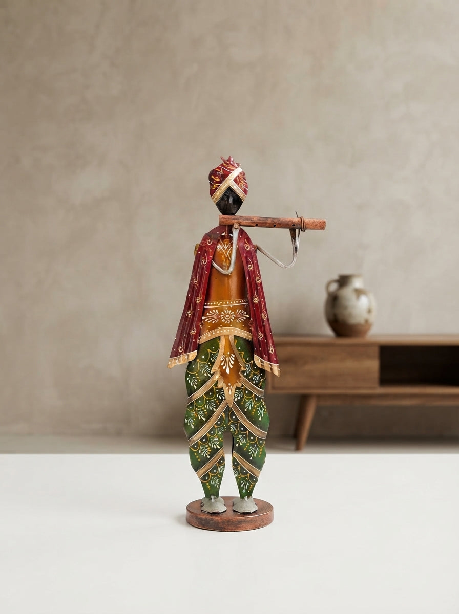 Metal Flute Player Figurine | Rajasthani Folk Musician Decor