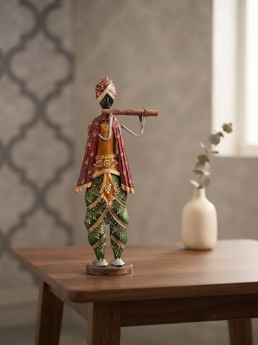 Metal Flute Player Figurine | Rajasthani Folk Musician Decor