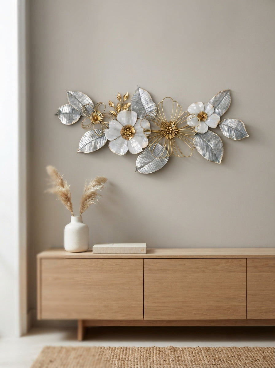 White and Golden Flowers Metal Wall Decor 50" x 26" – Elegant Large Flower Wall Art for Modern Home Interiors