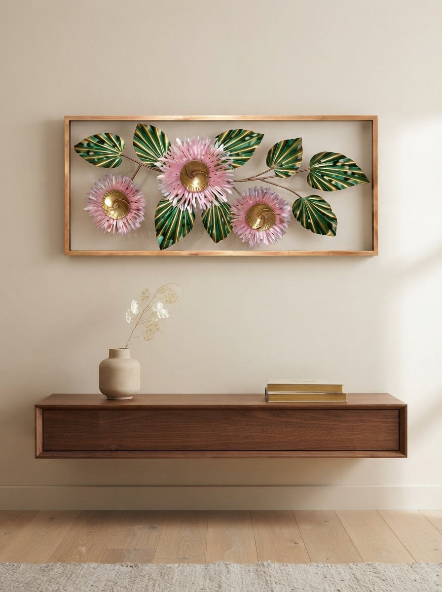 Framed 3 Flower Wall Art 38" x 18" – Decorative Metal Floral Wall Decor for Living Room & Bedroom