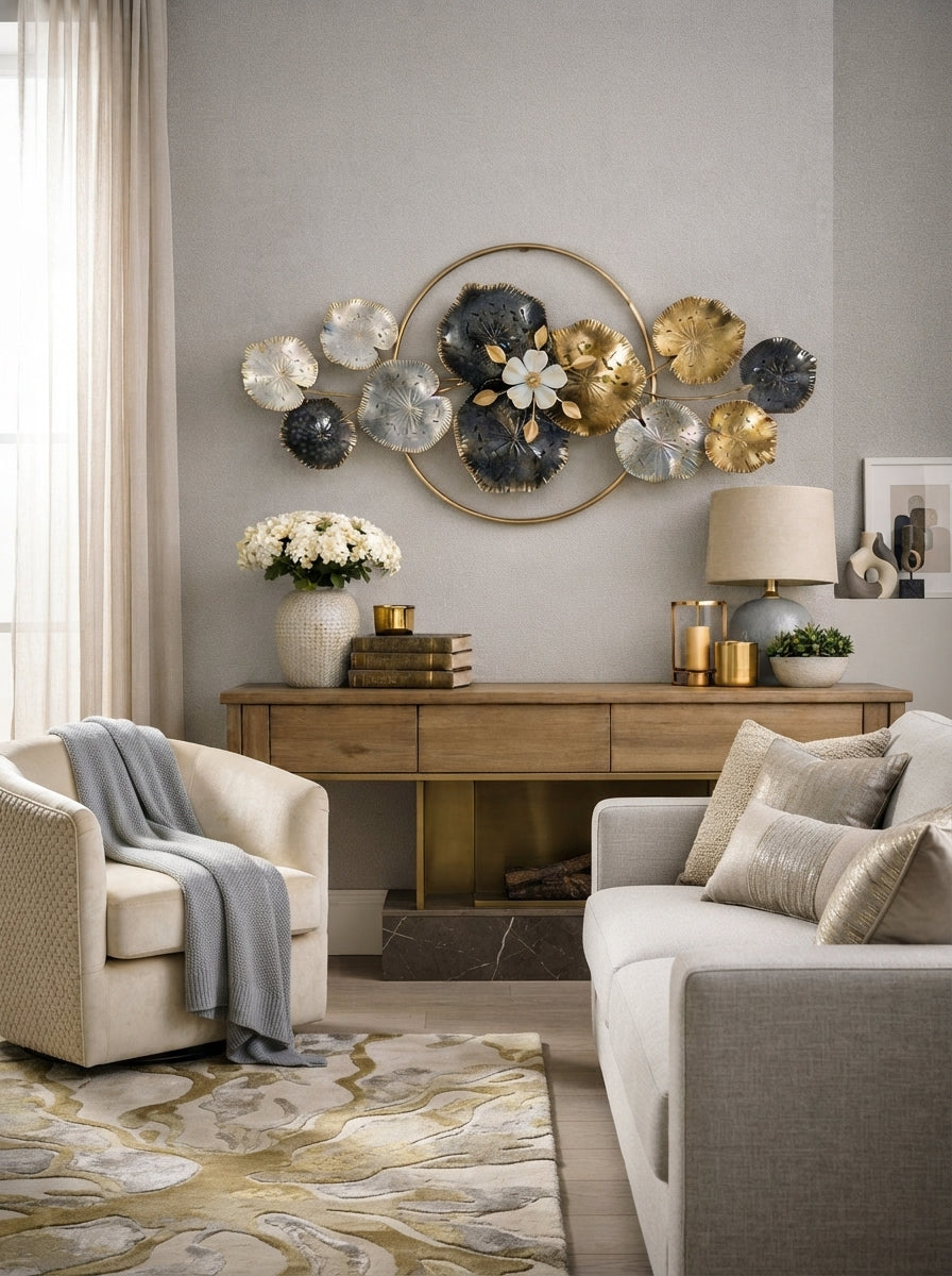Lotus Leaf Wall Art 52" x 24" – Elegant Metal Nature Wall Decor for Living Room & Home Interiors