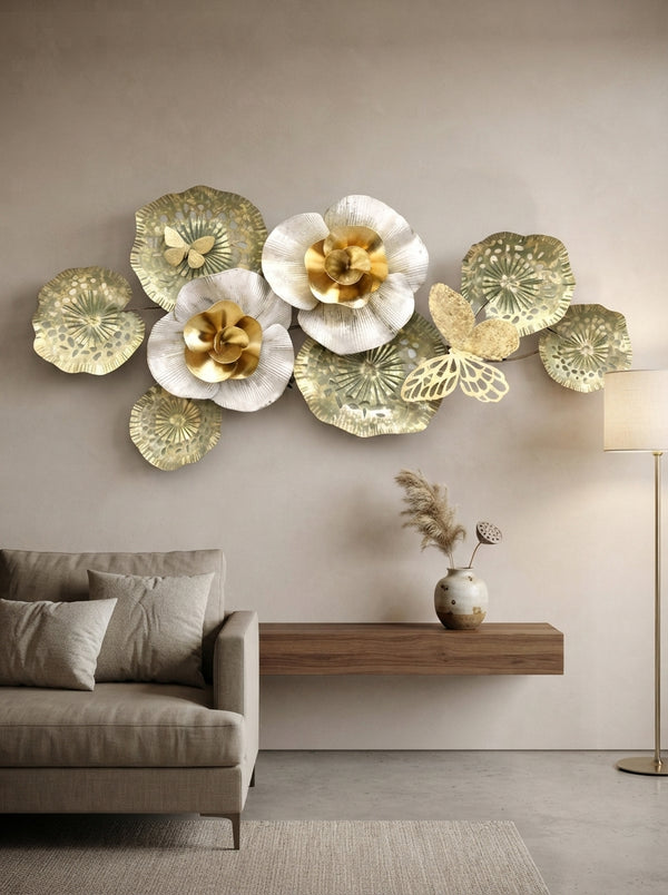 White Gold Flower Wall Art 36" x 19" – Elegant Metal Floral Wall Decor for Living Room & Bedroom