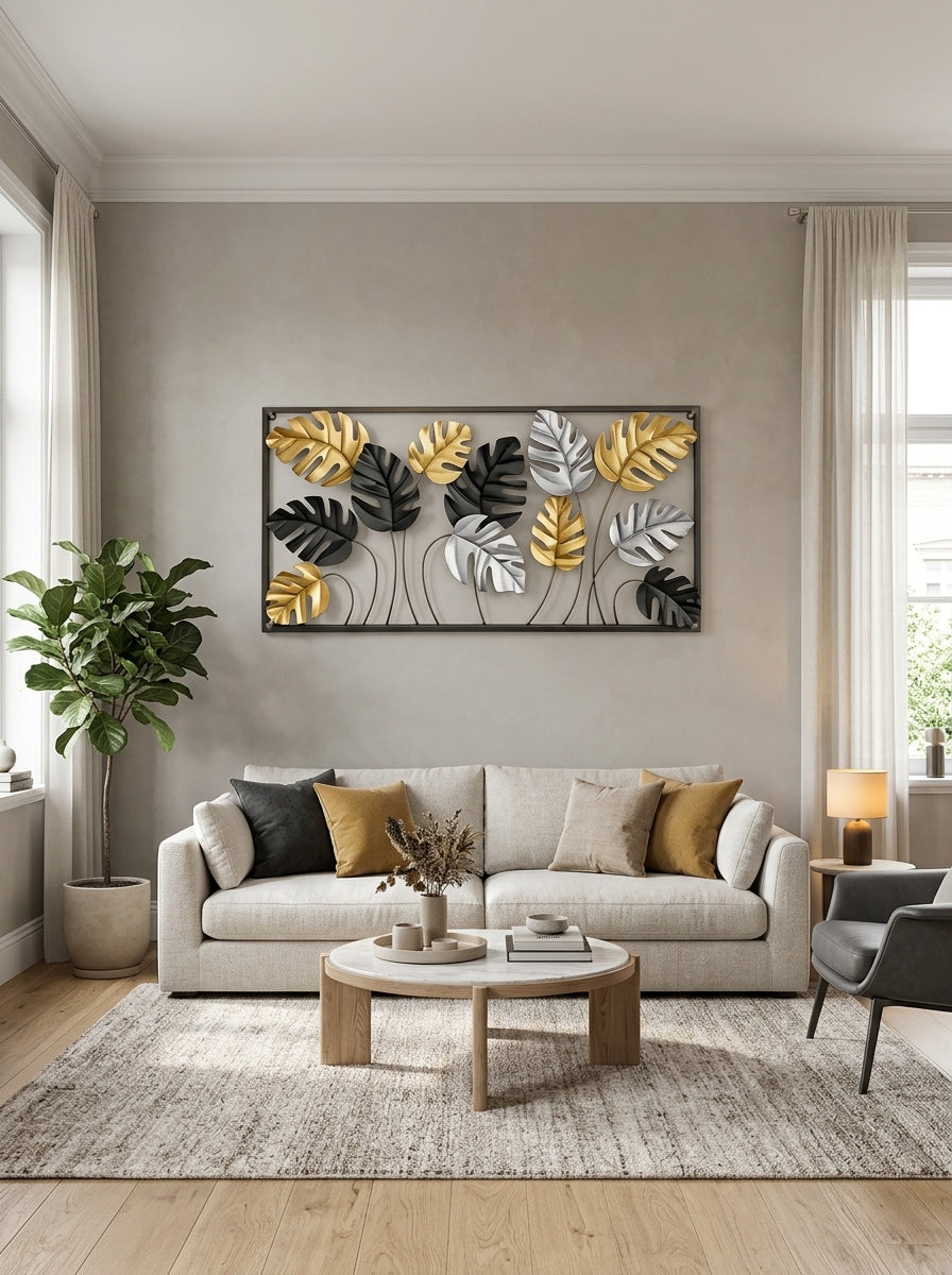 Framed Monstera Leaf Metal Wall Art | Gold, Silver & Black Decor