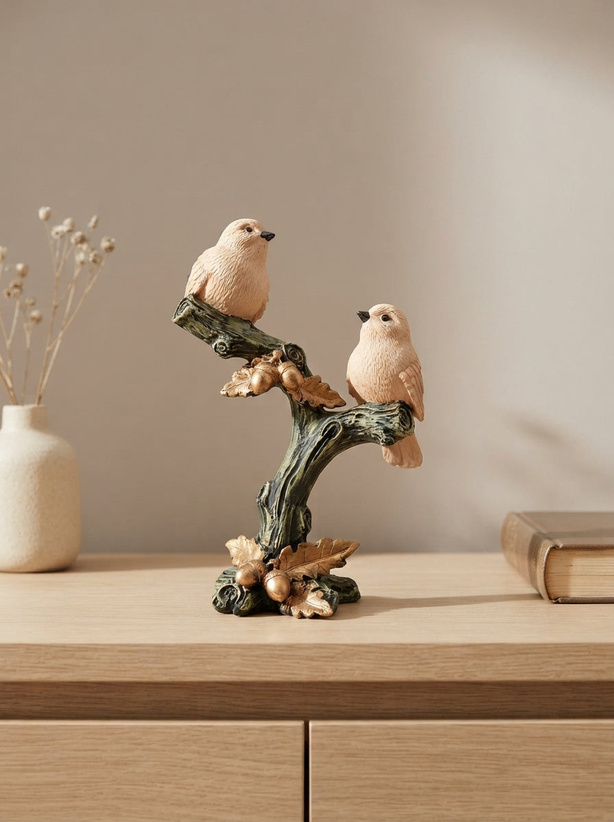 Two Sparrows on Branch Statue | Rustic Bird Figurine Decor