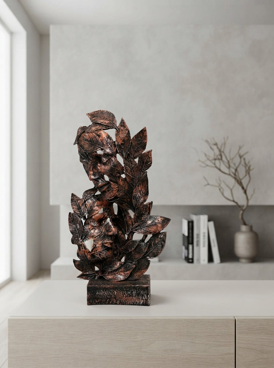 Face in Leaves Sculpture | Copper Bronze Nature Art Statue