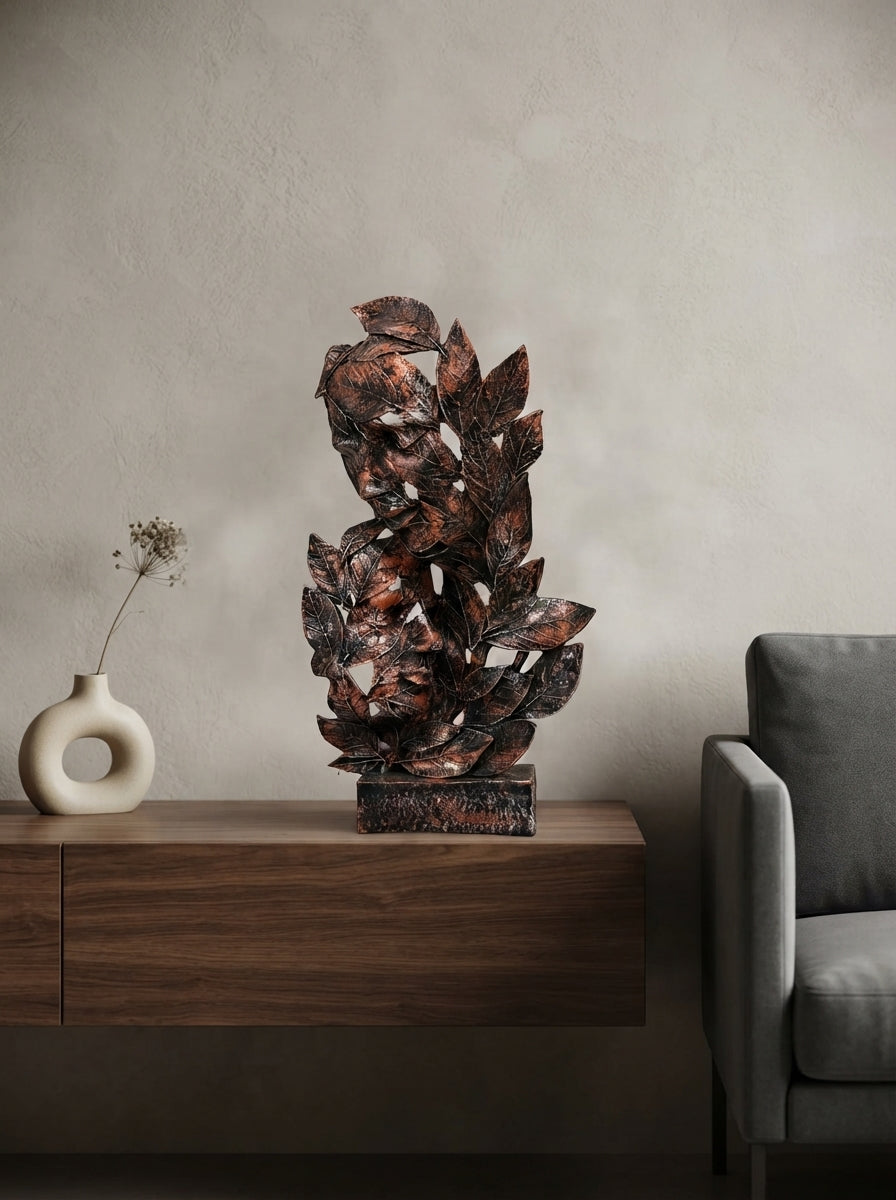 Face in Leaves Sculpture | Copper Bronze Nature Art Statue
