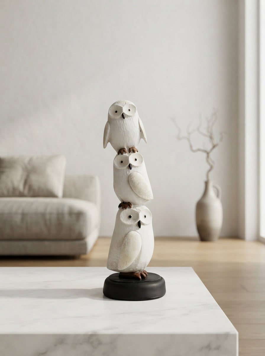 Stacked Snowy Owl Totem Statue | White Owl Figurine Decor