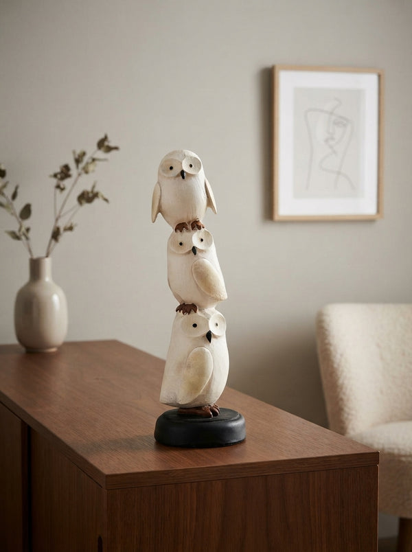 Stacked Snowy Owl Totem Statue | White Owl Figurine Decor