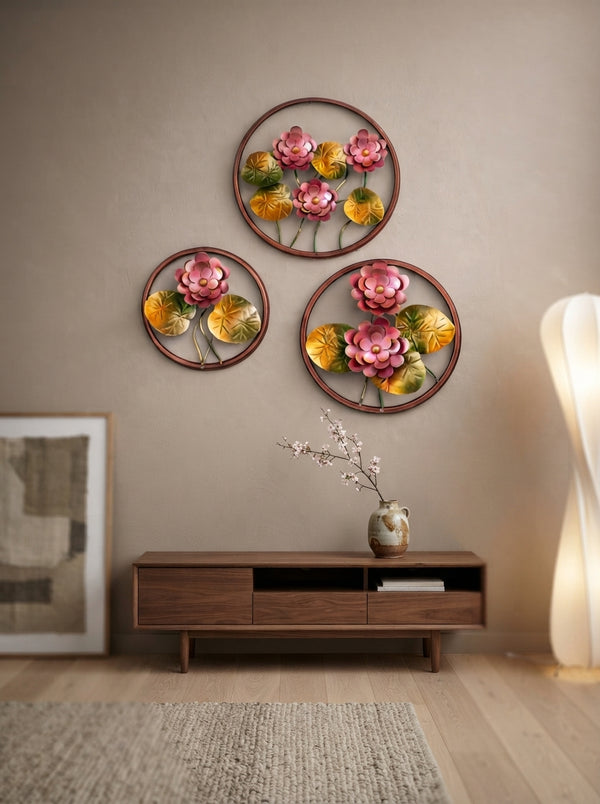 Flower Circles Wall Art Set – Decorative Metal Floral Wall Decor (22", 18", 12") for Living Room & Bedroom