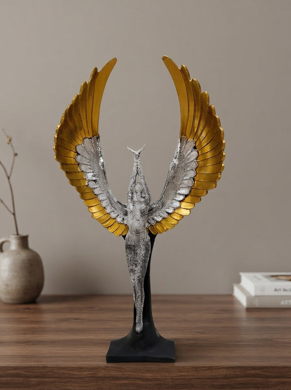 Angel Statue on Pedestal | Silver Gold Winged Sculpture