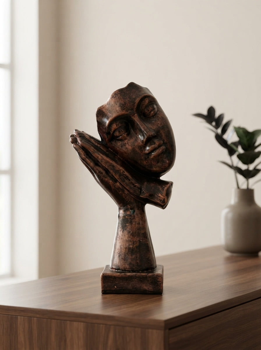 Sleeping Face Statue on Hands | Bronze Modern Mask Decor