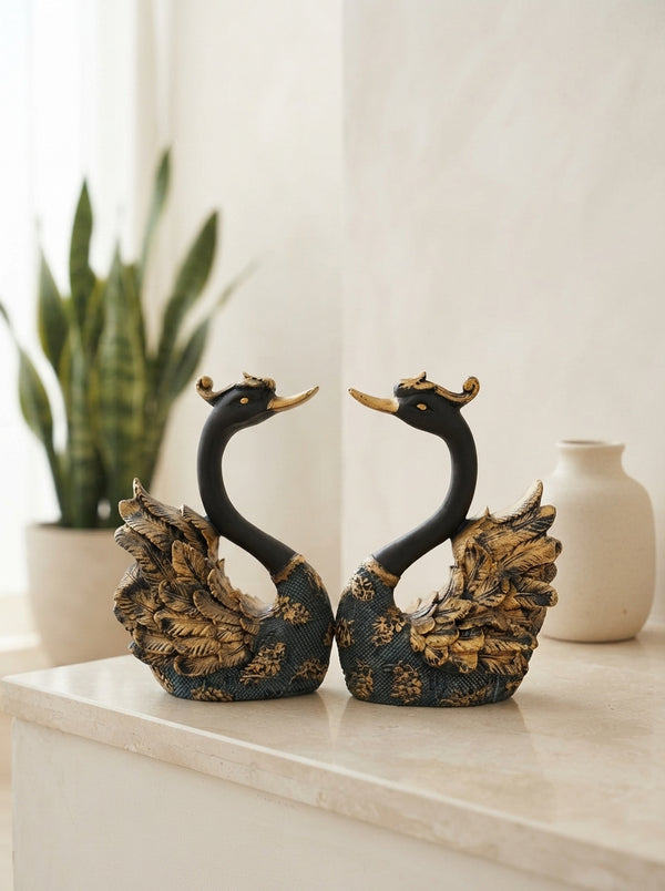 Black Gold Swan Statue Set of 2 | Long Neck Elegant Figurine
