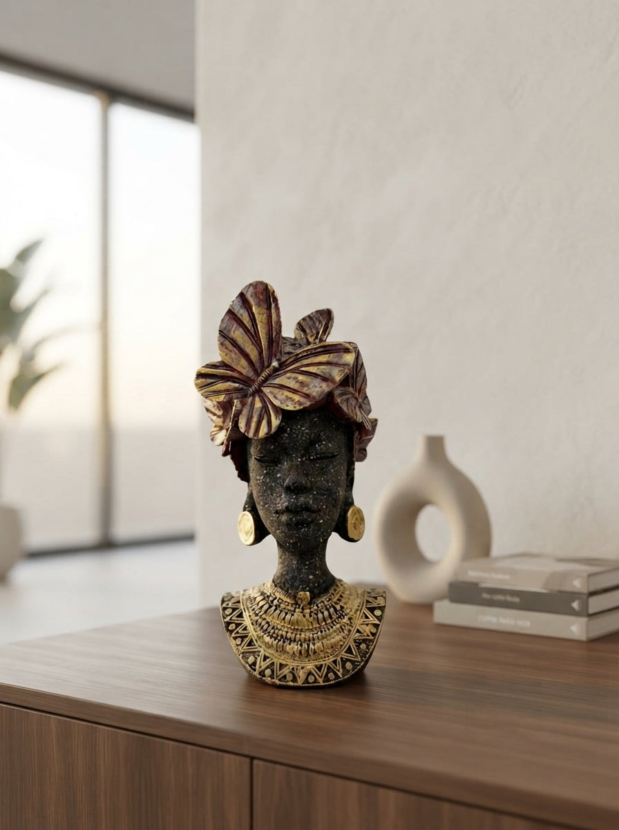 African Woman Bust Statue | Butterfly Headdress Figurine