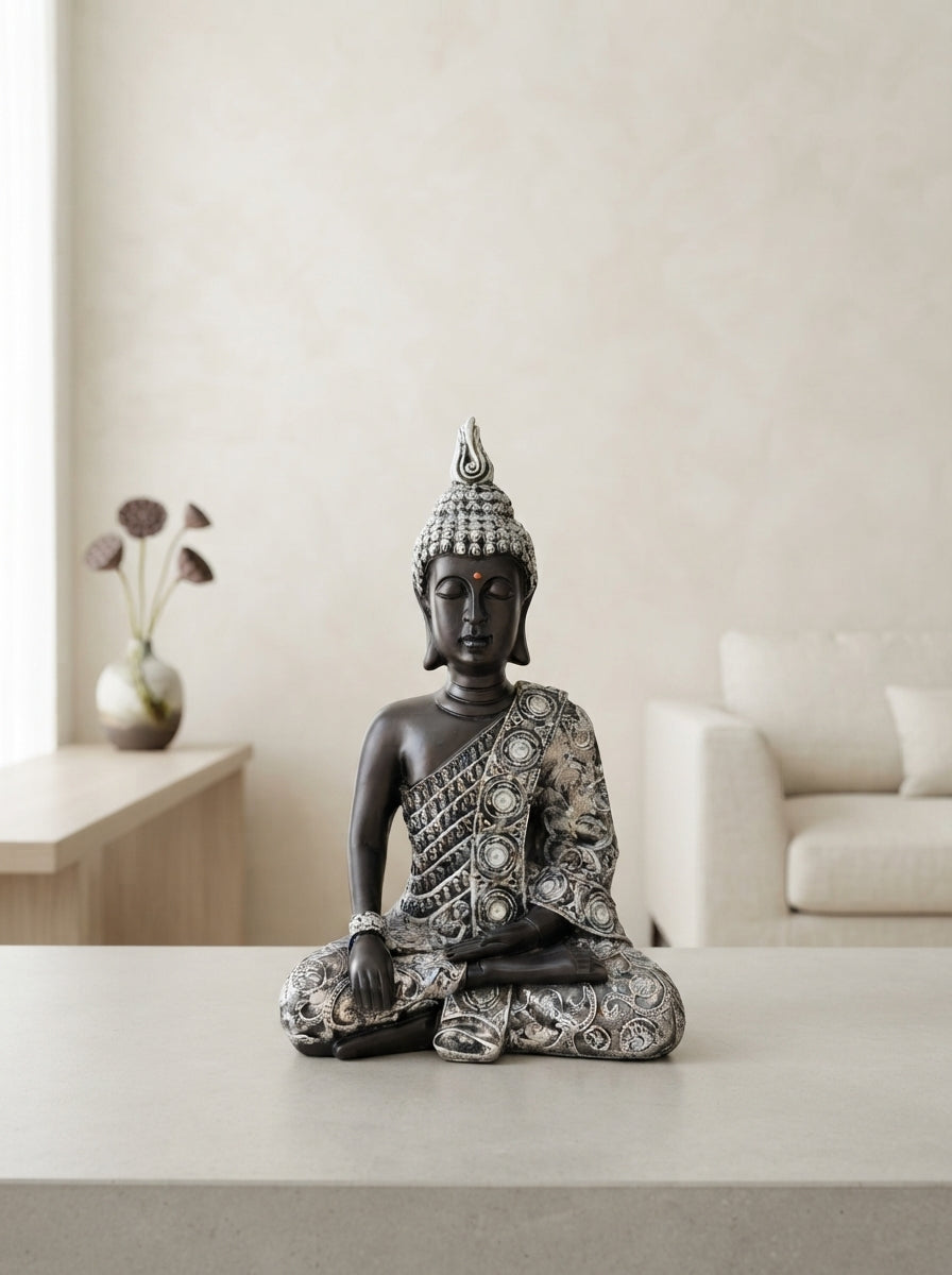 Black Silver Embossed Buddha Statue  15.5”| Zen Decor
