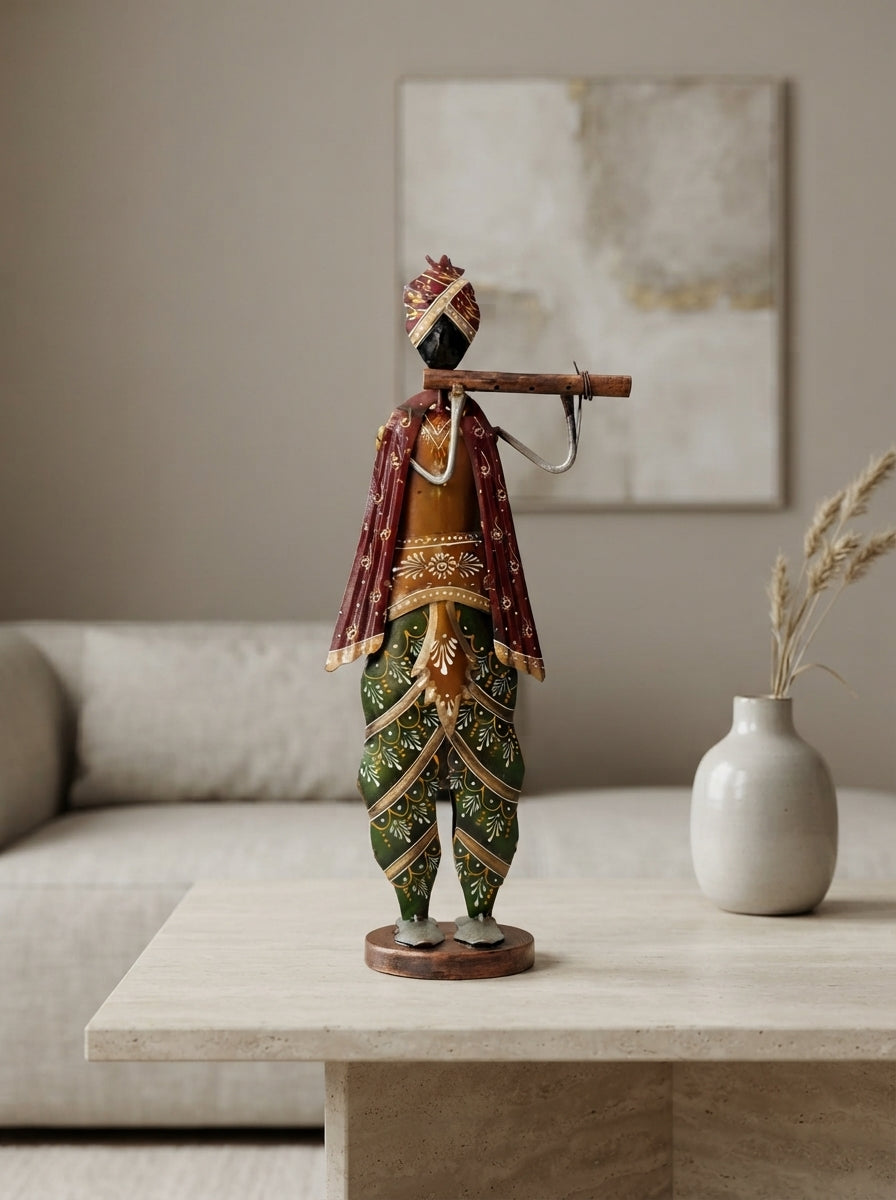 Metal Flute Player Figurine | Rajasthani Folk Musician Decor