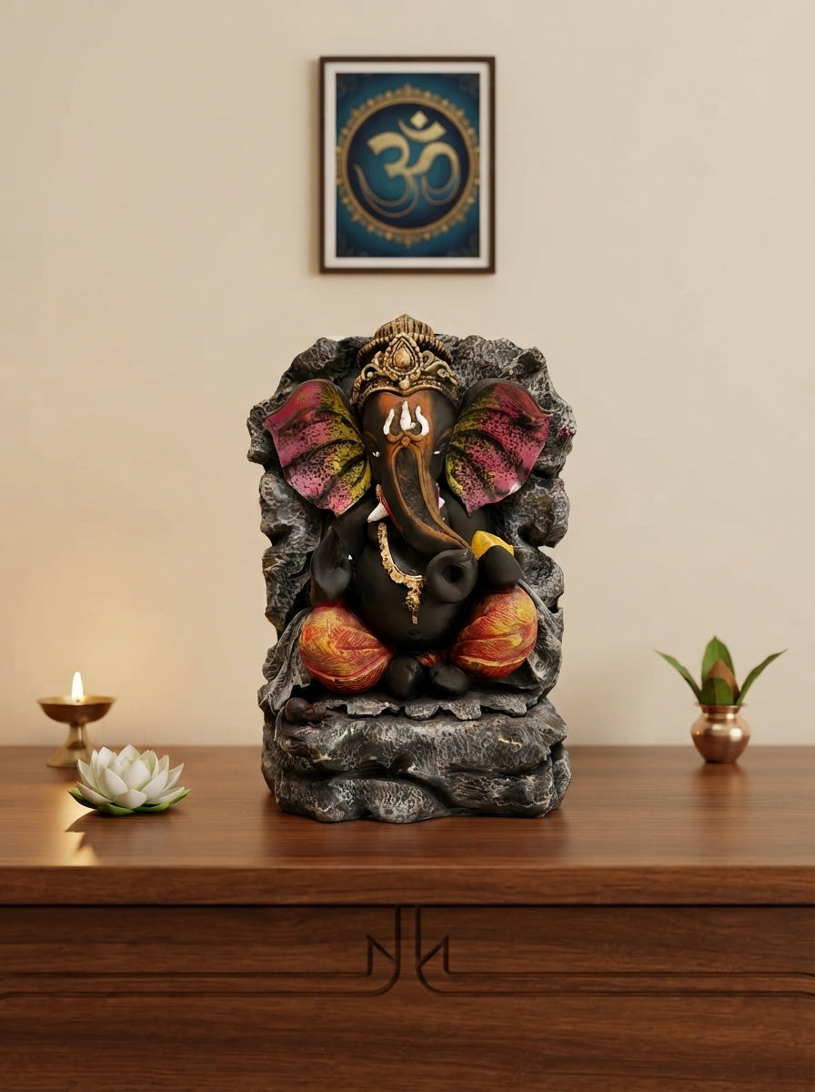 Rock Finish Lord Ganesha Statue 15" | Multicolor Hindu Decor